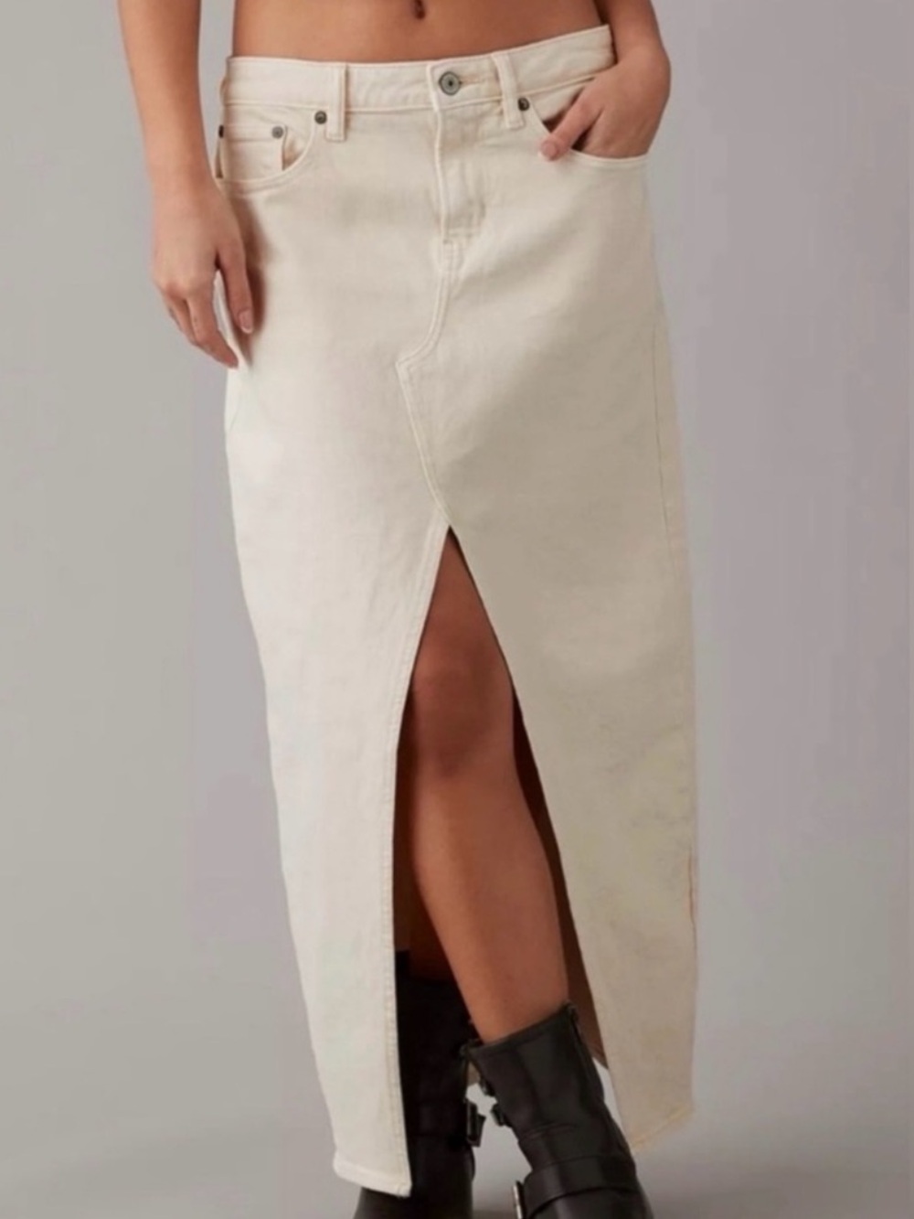NWT American Eagle low rise front slit maxi denim skirt cream 12
